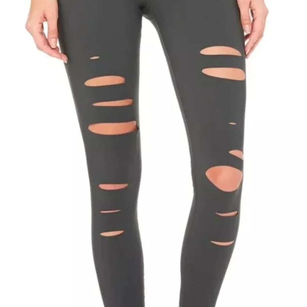 Alo Yoga High-Waist Ripped Warrior Legging Gray, Size XS - Picture 1 of 4